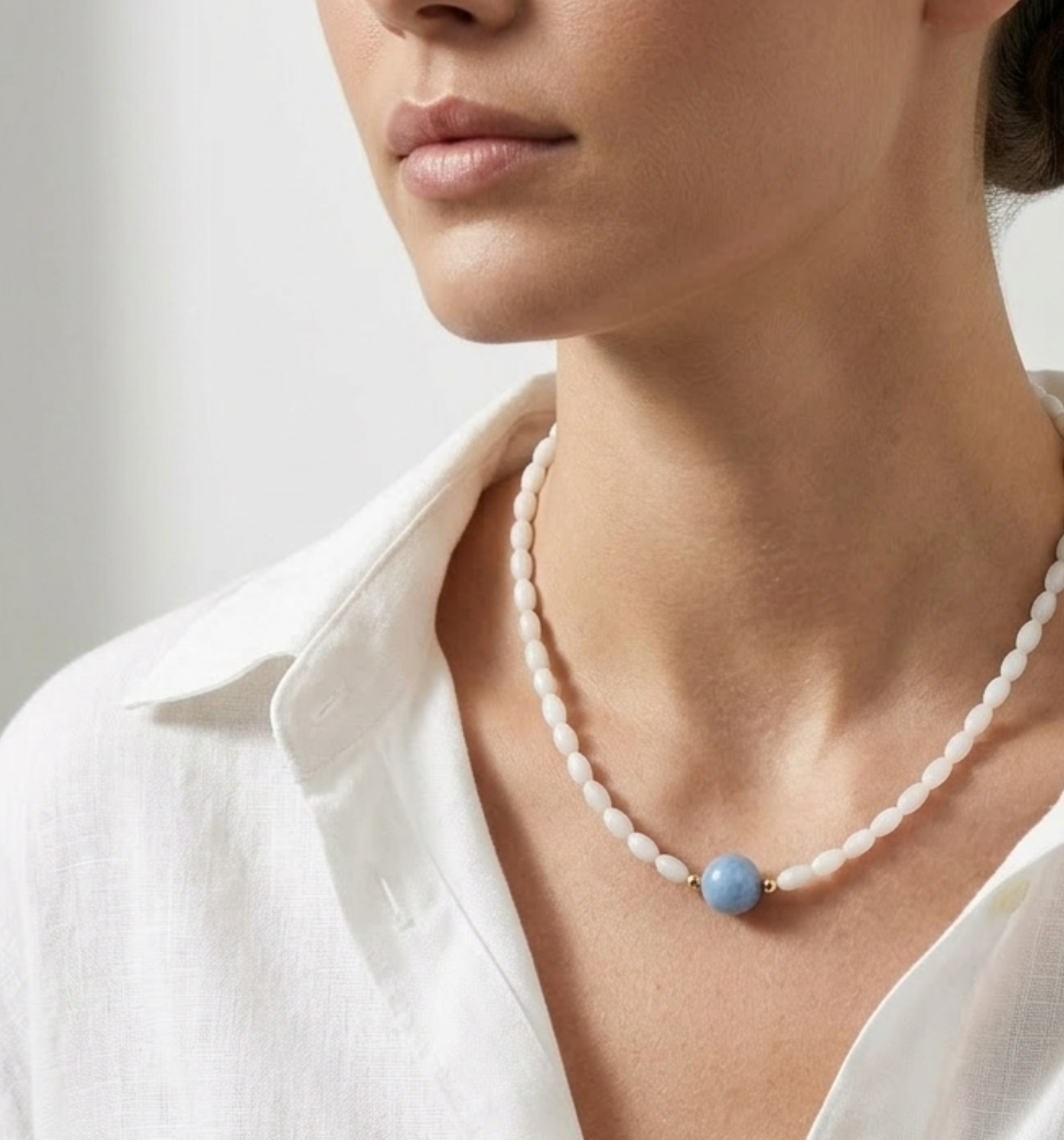 Naszyjnik biały koral i naturalny angelit Bean Gold